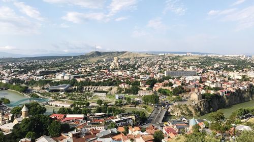 High angle view of town against sky