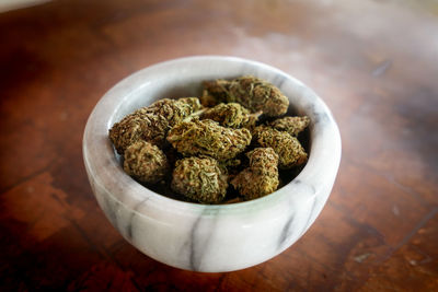 High angle view of food in bowl on table