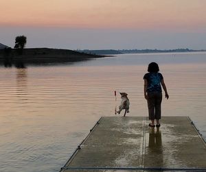 Rear view of man walking with dog on lake