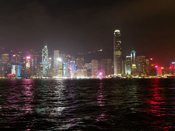 Illuminated buildings in city at night