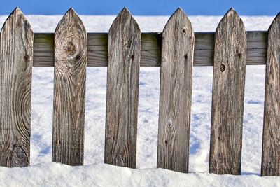 Wooden posts on fence against sky