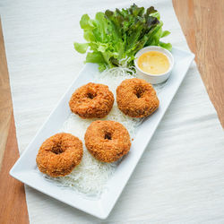 High angle view of food in plate on table