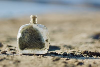 Close-up of small bottle with sand on the beach