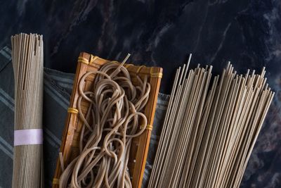 Close-up of noodles on marble