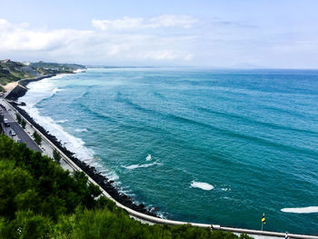 Aerial view of atlantic ocean in biarritz. beach cote des basques and seafront. basque country. 