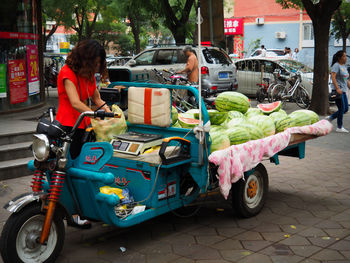 High angle view of motorcycle on street in city