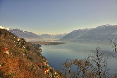 Scenic view of lake and mountains against sky