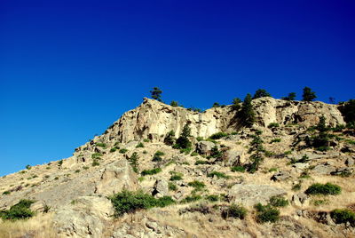 Scenic view of rocky mountains against blue sky