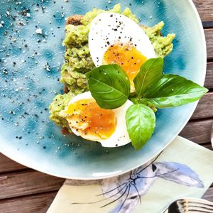 High angle view of breakfast served on table