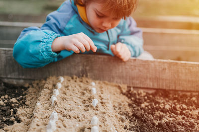 Spring planting seeding farm garden. little kid boy farmer gardener plants sow vegetable seeds soil