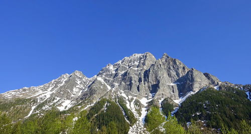 Low angle view of mountains against clear blue sky