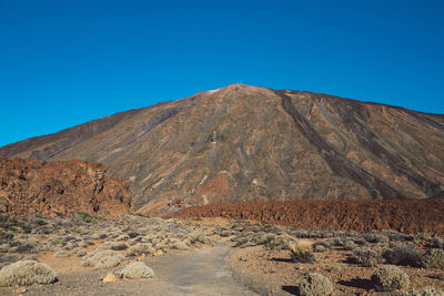 Scenic view of desert against clear blue sky