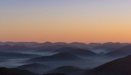 Scenic view of silhouette mountains against sky during sunset