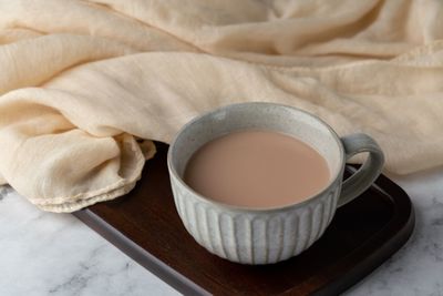 High angle view of tea cup on table