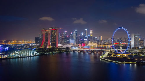 Aerial drone view of singapore business district, marina bay  on february 2, 2020 in singapore.