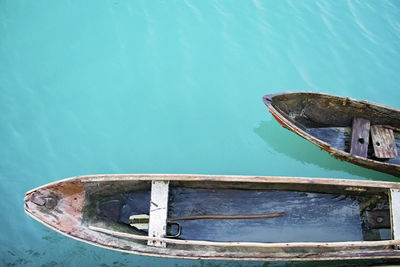 High angle view of boat moored on sea