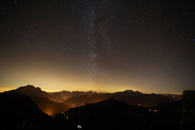 Scenic view of silhouette mountains against sky at night