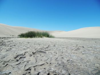 Scenic view of desert against clear blue sky