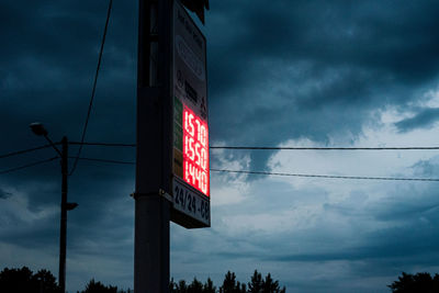 Low angle view of information sign against sky in city