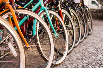 Close-up of bicycle parked on street