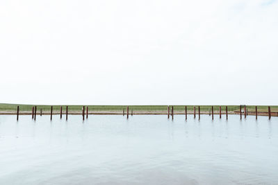 Wooden posts in lake against clear sky