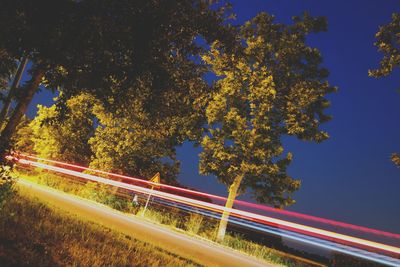 Light trails on road against sky