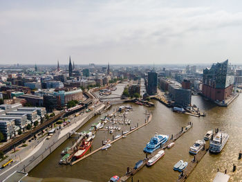 High angle view of river amidst buildings in city against sky