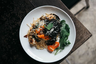 High angle view of food served in plate