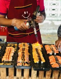 Man preparing food  by means of burning with fire