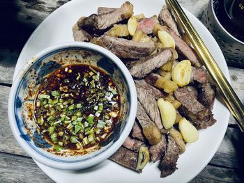 High angle view of meal served in plate