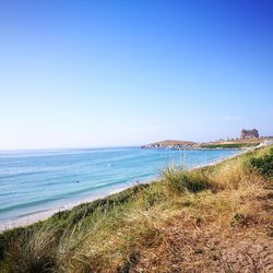 Scenic view of sea against clear blue sky