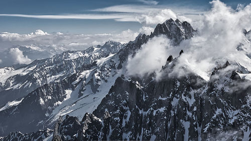 Aerial view of snowcapped mountains against sky