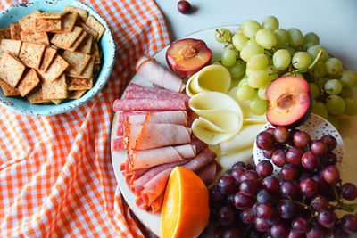 High angle view of fresh food in plate on table