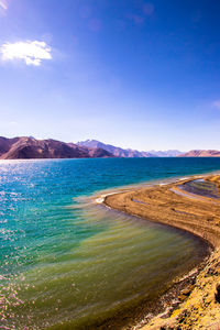 Scenic view of sea against blue sky