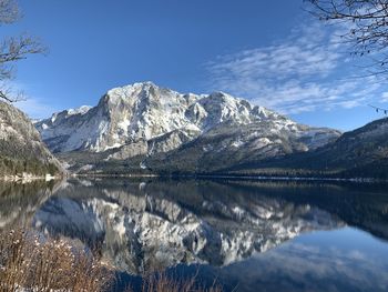 Scenic view of lake and snowcapped mountains against sky