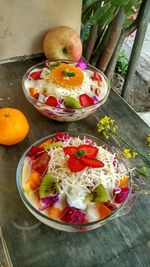 High angle view of fruits in bowl on table