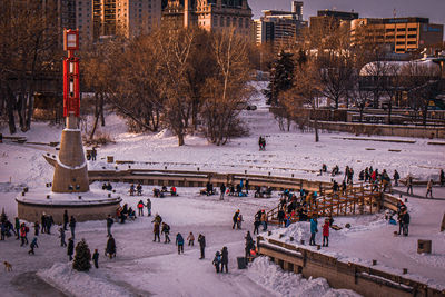 High angle view of people in city during winter