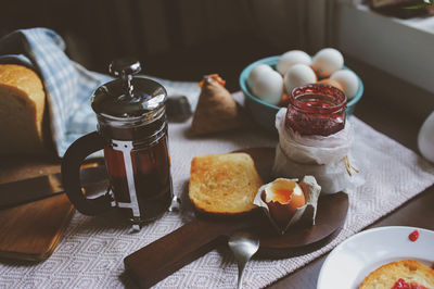 High angle view of breakfast served on table