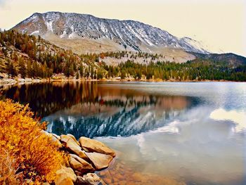 Scenic view of lake and mountains against sky