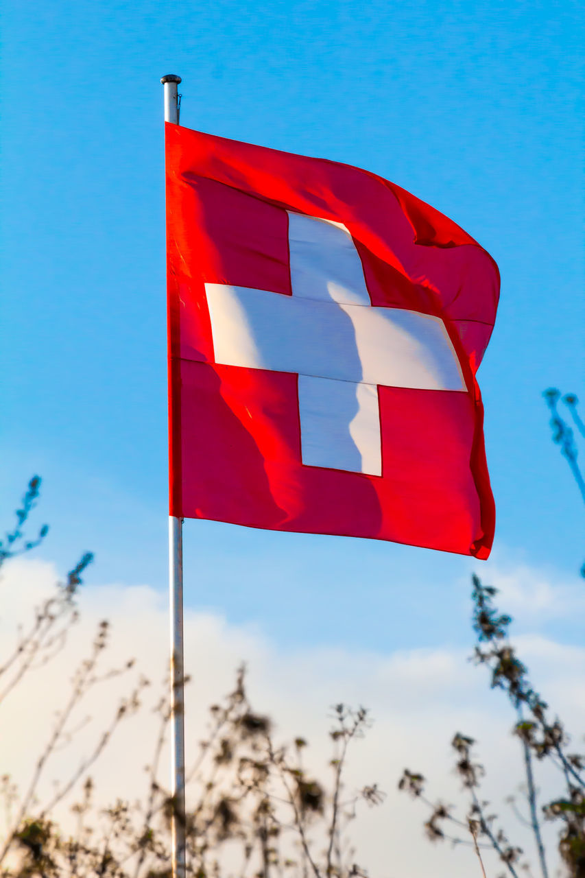 LOW ANGLE VIEW OF FLAG ON POLE AGAINST SKY