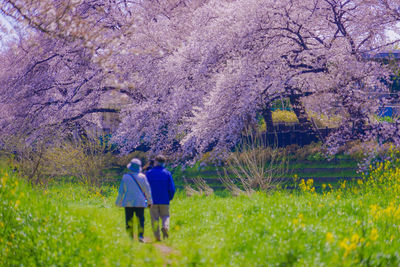 Rear view of woman walking on field