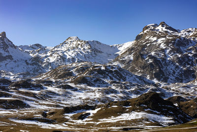 Scenic view of snowcapped mountains against clear sky