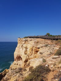 Rock formations by sea against clear blue sky