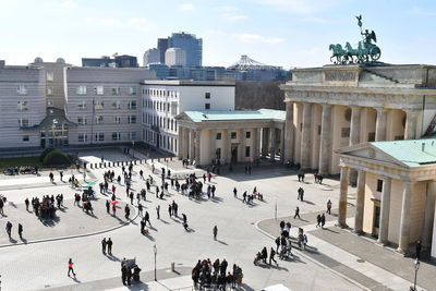 High angle view of people at town square