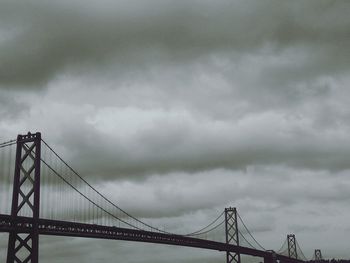 Low angle view of crane against cloudy sky