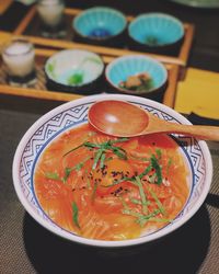 Close-up of soup in bowl on table