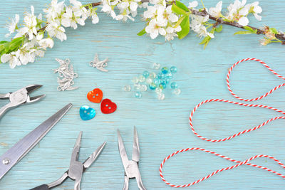 High angle view of christmas decorations on table