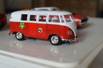 Close-up of toy car on table