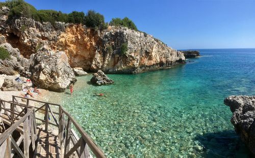 Panoramic view of sea against clear blue sky