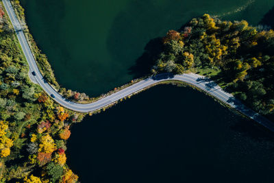 High angle view of road amidst trees against mountain